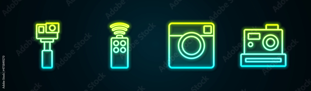 Set line Action camera, Remote control for, Photo and . Glowing neon icon. Vector Set line Action camera, Remote control for, Photo and . Glowing neon icon. Vector