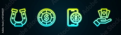 Set line Horseshoe, Casino chips, Online poker table game and Hand holding playing cards. Glowing neon icon. Vector