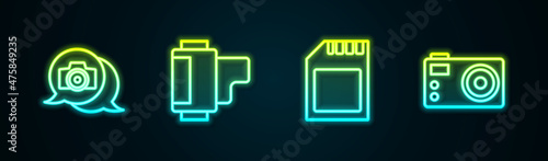 Set line Photo camera, Camera roll cartridge, SD card and . Glowing neon icon. Vector