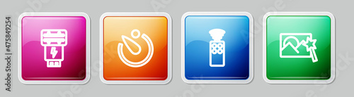 Set line Photo camera flash, Camera timer, Remote control for and retouching. Colorful square button. Vector