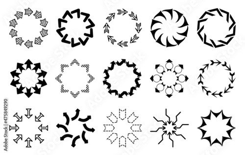 Set of decorative arrow borders. Frames of arrows in a circle. Arrows pointing in and out of the circle. Circle pattern. Vector arrows of different shapes.
