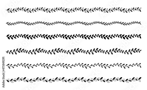 Page decors. Set of decorative dividers. Border ornaments. Patterned stripes of leaves. Design elements for invitations and holiday cards.
