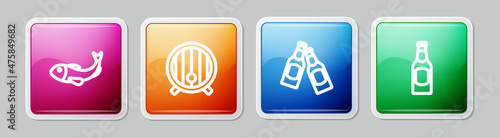 Set line Dried fish, Wooden barrel, Beer bottle and . Colorful square button. Vector