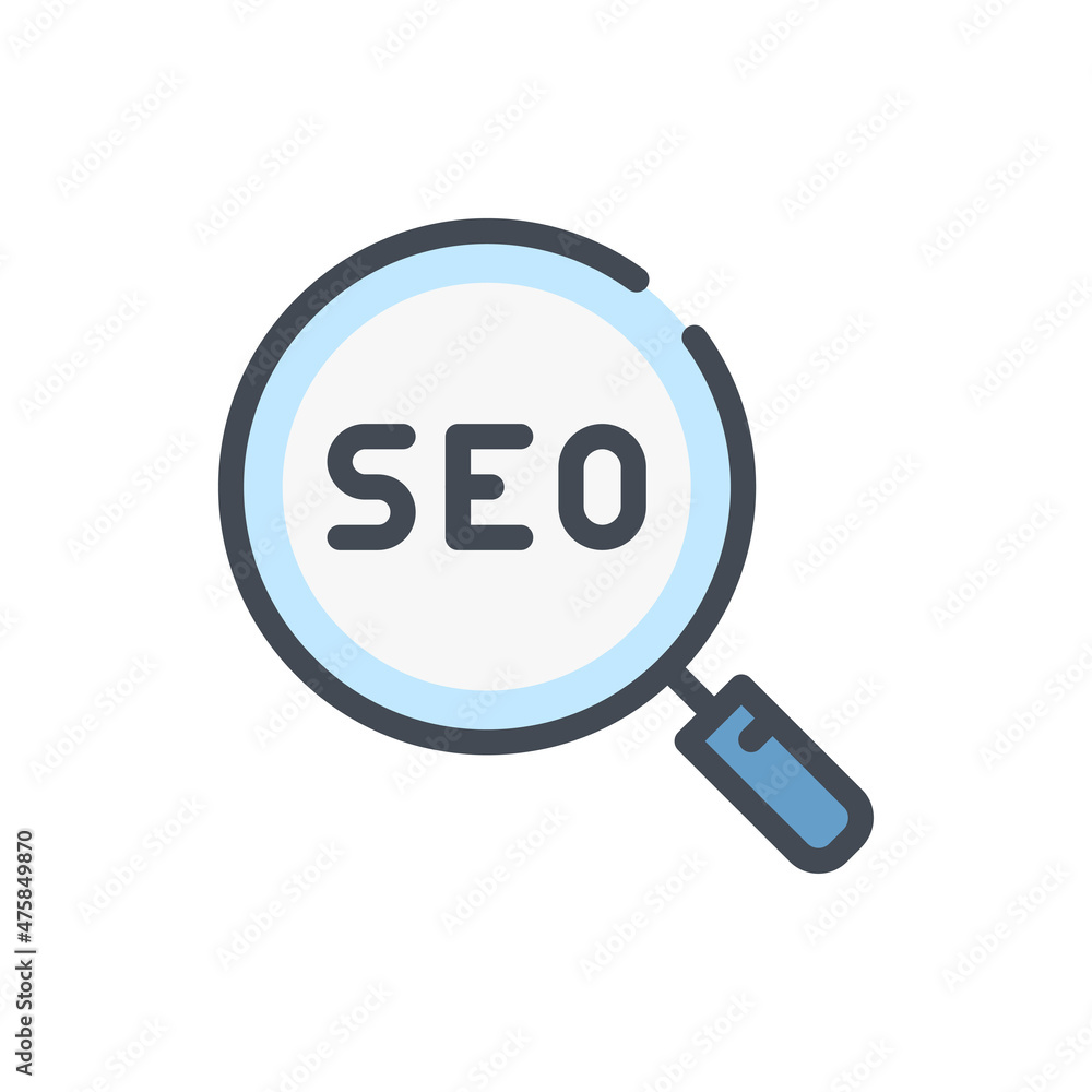 SEO search color line icon. Magnifier glass with SEO vector outline colorful sign. SEO search color line icon. Magnifier glass with SEO vector outline colorful sign.