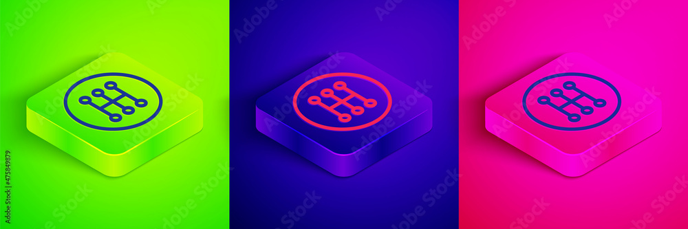 Isometric line Gear shifter icon isolated on green, blue and pink background. Manual transmission icon. Square button. Vector Isometric line Gear shifter icon isolated on green, blue and pink background. Manual transmission icon. Square button. Vector