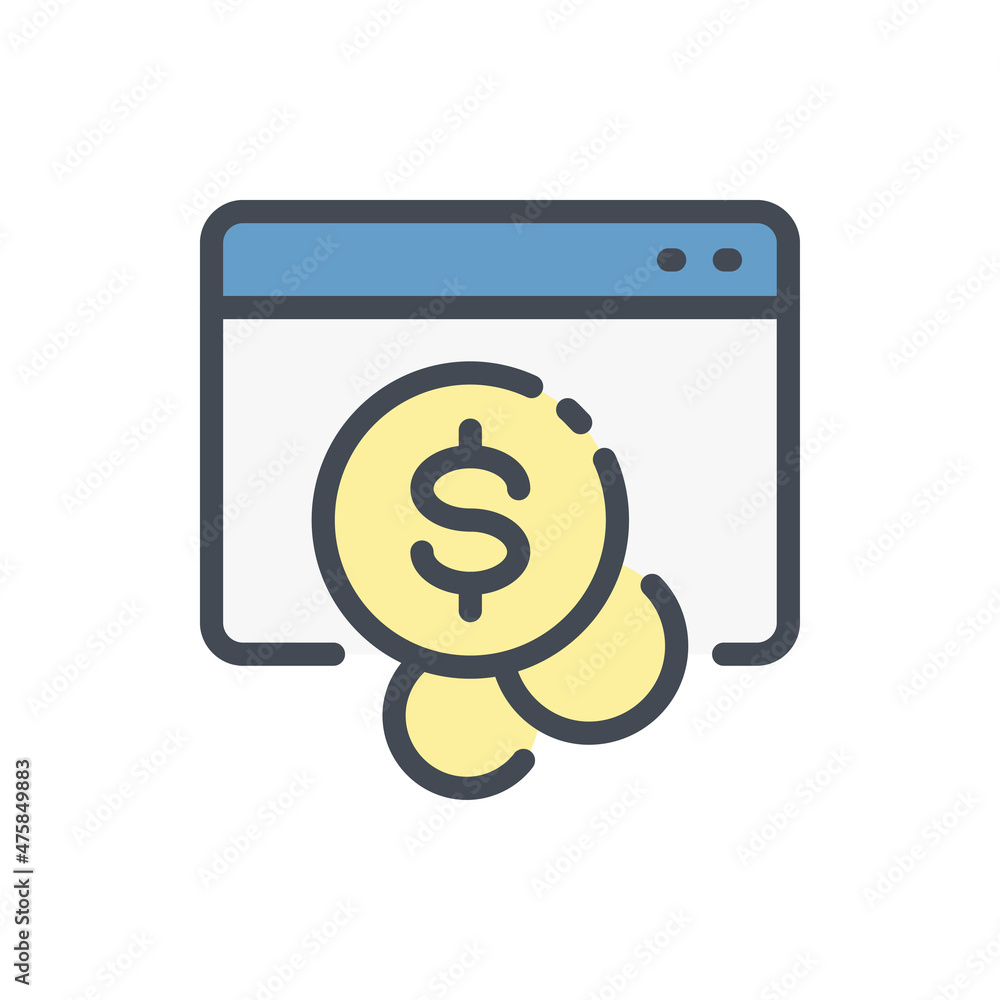 Make money on the Internet and Online payment color line icon. Website with dollar coins vector outline colorful sign. Make money on the Internet and Online payment color line icon. Website with dollar coins vector outline colorful sign.