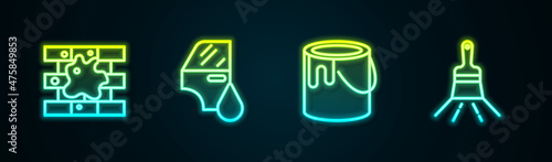 Set line Painting the house, Car painting, bucket and brush. Glowing neon icon. Vector