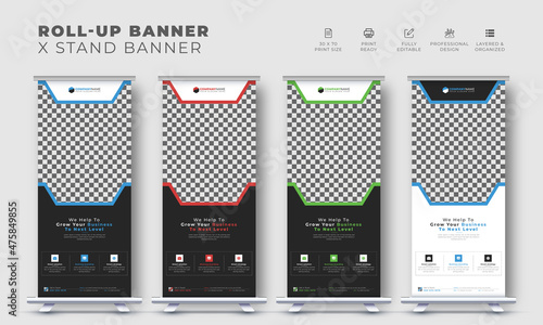 Corporate business modern roll up stand banner design, pull up vector creative x stand template with geometric shape