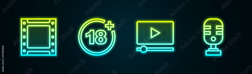 Set line Play video, Plus 18 movie, Online play and Microphone. Glowing neon icon. Vector Set line Play video, Plus 18 movie, Online play and Microphone. Glowing neon icon. Vector