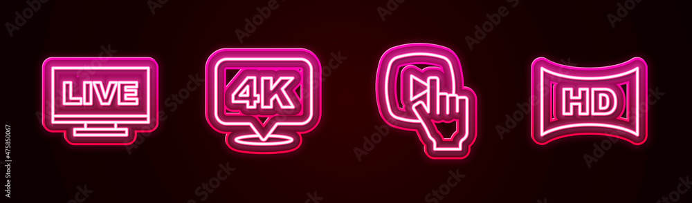 Set line Live stream, 4k Ultra HD, Online play video and Hd movie, tape, frame. Glowing neon icon. Vector Set line Live stream, 4k Ultra HD, Online play video and Hd movie, tape, frame. Glowing neon icon. Vector