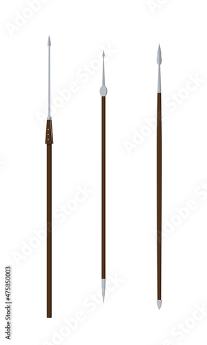 Set of three ancient Roman spears. Color vector illustration, flat style. White isolated background.
