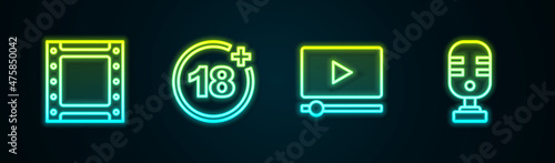 Set line Play video, Plus 18 movie, Online play and Microphone. Glowing neon icon. Vector