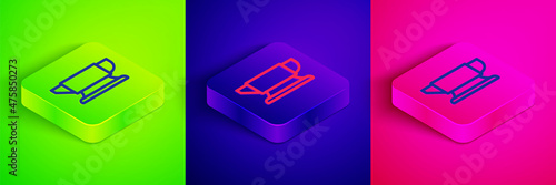 Isometric line Blacksmith anvil tool icon isolated on green, blue and pink background. Metal forging. Forge tool. Square button. Vector