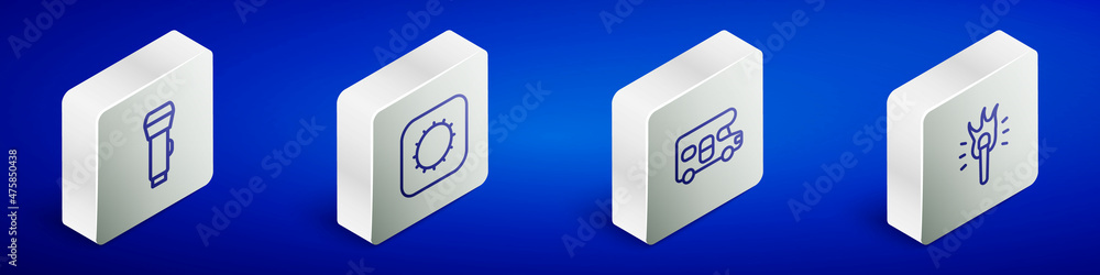Set Isometric line Flashlight, Sun, RV motorhome vehicle and Torch flame icon. Vector Set Isometric line Flashlight, Sun, RV motorhome vehicle and Torch flame icon. Vector