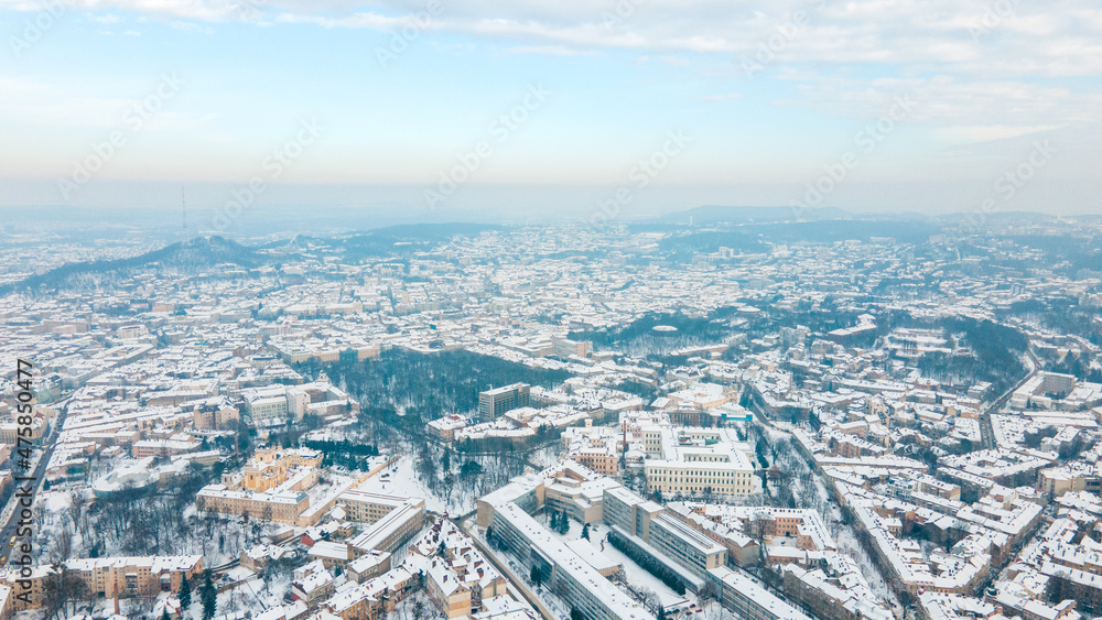 aerial view of lviv city at winter season
