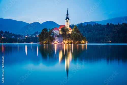 Isolated Assumption of Maria church on a small island during blue hour dusk, Lake Bled, Slovenia © Tomas Zavadil