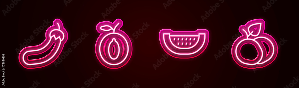 Set line Eggplant, Plum fruit, Watermelon and Mango. Glowing neon icon. Vector Set line Eggplant, Plum fruit, Watermelon and Mango. Glowing neon icon. Vector