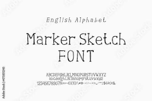 Marker sketch serif font black color, hatch texture style. Alphabet letters and numbers set, English language