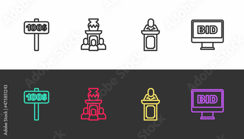 Set line Hand holding auction paddle, Auction ancient vase, auctioneer sells and Online on black and white. Vector