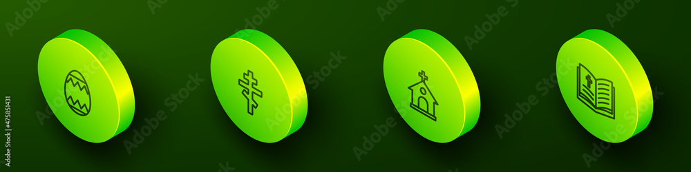 Set Isometric line Easter egg, Christian cross, Church building and Holy bible book icon. Vector Set Isometric line Easter egg, Christian cross, Church building and Holy bible book icon. Vector