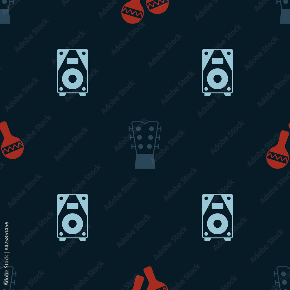 Set Maracas, Guitar neck and Stereo speaker on seamless pattern. Vector Set Maracas, Guitar neck and Stereo speaker on seamless pattern. Vector