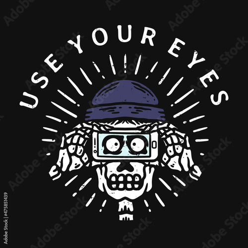 illustration of a skull looking at using a smart phone in vintage style