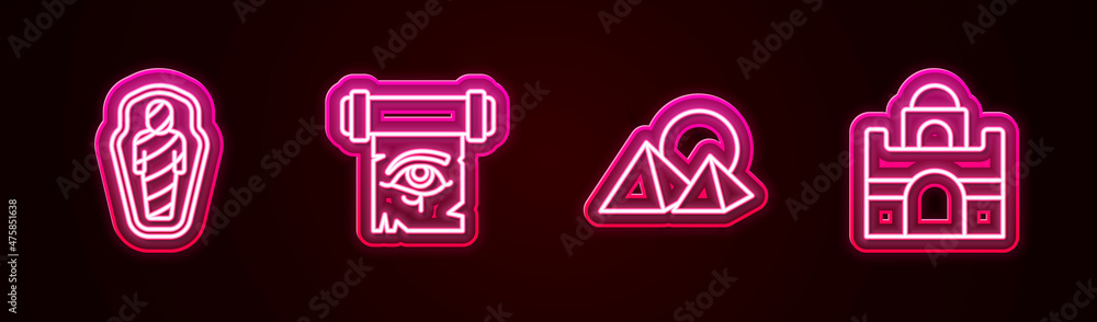 Set line Egypt mummy in sarcophagus, Eye of Horus on papyrus scroll, pyramids and Egyptian house. Glowing neon icon. Vector Set line Egypt mummy in sarcophagus, Eye of Horus on papyrus scroll, pyramids and Egyptian house. Glowing neon icon. Vector
