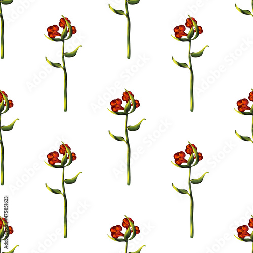 Repeat pattern with red herbs on white background. Different botanical elements in digital. There are purple flowers. For textiles and packaging, wallpaper and scrapbooking. Spring template