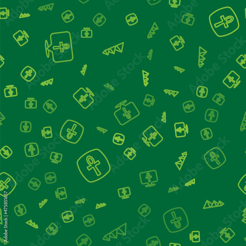 Set line Cross ankh, and Egypt pyramids on seamless pattern. Vector