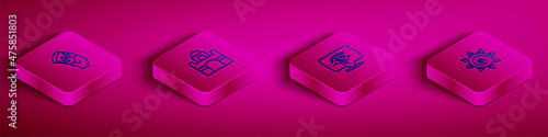 Set Isometric line Nefertiti, Egyptian house, Eye of Horus and Sun icon. Vector