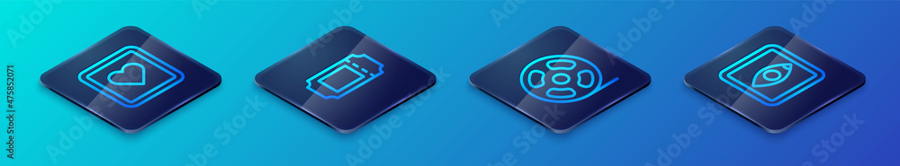 Set Isometric line Film reel, Like heart, Rating movie and Cinema ticket icon. Vector Set Isometric line Film reel, Like heart, Rating movie and Cinema ticket icon. Vector