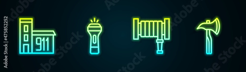 Set line Building of fire station, Flashlight, Fire hose reel and Firefighter axe. Glowing neon icon. Vector