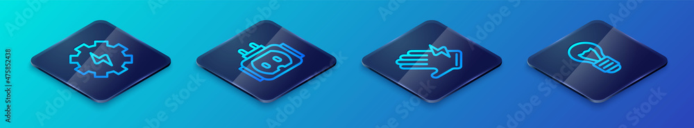 Set Isometric line Electric glove, Gear and lightning, Creative lamp idea and Tee plug electric icon. Vector Set Isometric line Electric glove, Gear and lightning, Creative lamp idea and Tee plug electric icon. Vector
