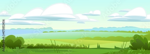 Fototapeta Naklejka Na Ścianę i Meble -  Wide farm fields in distance. Rural landscape. Horizontal village nature illustration. Flat style. Cute country hills. Vector