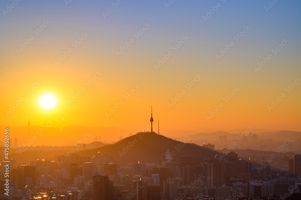City scape night view of Seoul,Korea at sunrise time from the top of mountain
