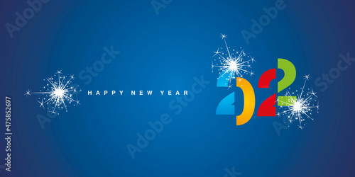 Happy New Year 2022 modern black cut of design colorful typography sparkle firework on blue background greeting card