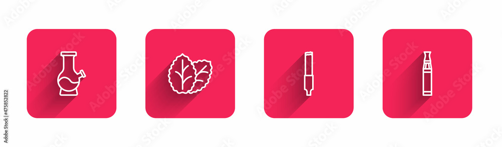 Set line Bong, Tobacco leaf, Cigarette and Electronic cigarette with long shadow. Red square button. Vector Set line Bong, Tobacco leaf, Cigarette and Electronic cigarette with long shadow. Red square button. Vector