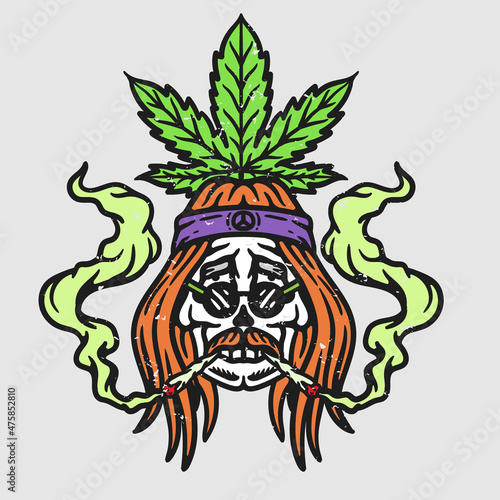 hippie male skull illustration smoking with cannabis leaf