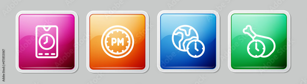 Set line Alarm clock app mobile, Day time, World and Food. Colorful square button. Vector Set line Alarm clock app mobile, Day time, World and Food. Colorful square button. Vector