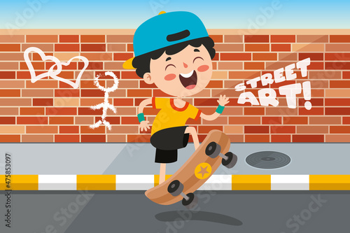 Cartoon Illustration Of A Kid Playing Skateboard