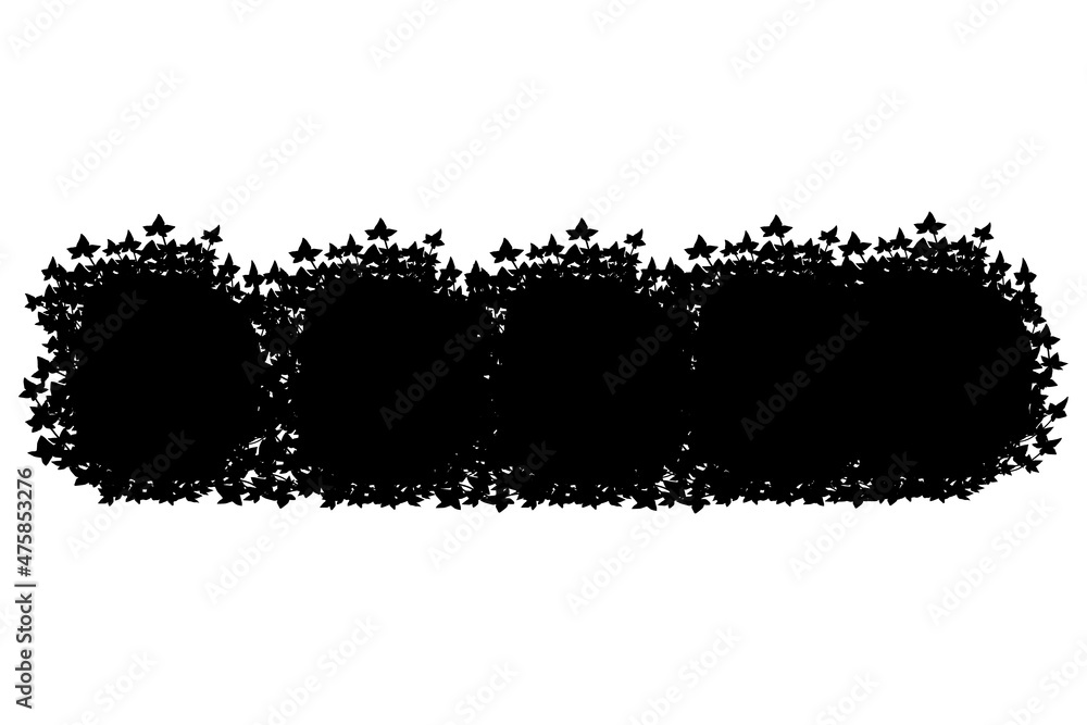 Set of monochrome silhouette of shrubs and trees. Decorative design element in black and white colors.Horizontal panorama with thicket of  garden plants.