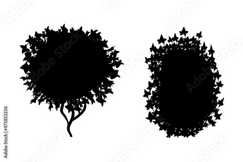 Set of monochrome silhouette of shrubs and trees. Decorative design element in black and white colors.Horizontal panorama with thicket of  garden plants.