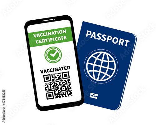 Vaccination certificate on a phone and passport. Coronavirus vaccination. Safe travel concept