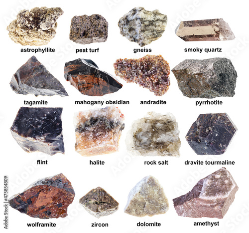 set of various brown rough rocks with names cutout