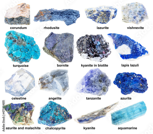 set of various blue raw minerals with names photo
