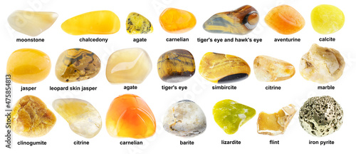 set of various polished yellow stones with names