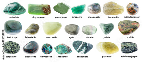 set of various tumbled green stones with names