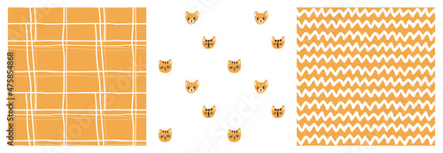 Set of cute abstract and cats heads animals childish seamless patterns. Collection of Vector hand drawn illustrations in black and mustard colors on white background