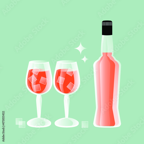 Aperol is an Italian aperitif that has an orange-red color and a bitter taste. A bottle and two glasses with a drink and ice on a blue background. Festive postcard. Vector.