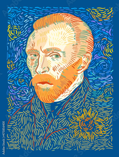 Impressionist painter Vincent Van Gogh against a blue sky with yellow stars and a flower on his jacket. Vector illustration